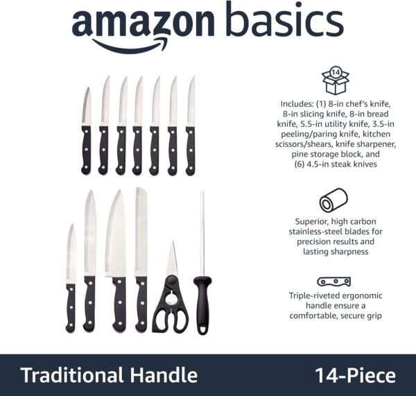 14-Piece High Carbon Stainless Steel Kitchen Knife Set with Sharpener and Pinewood Block, Black - Image 2