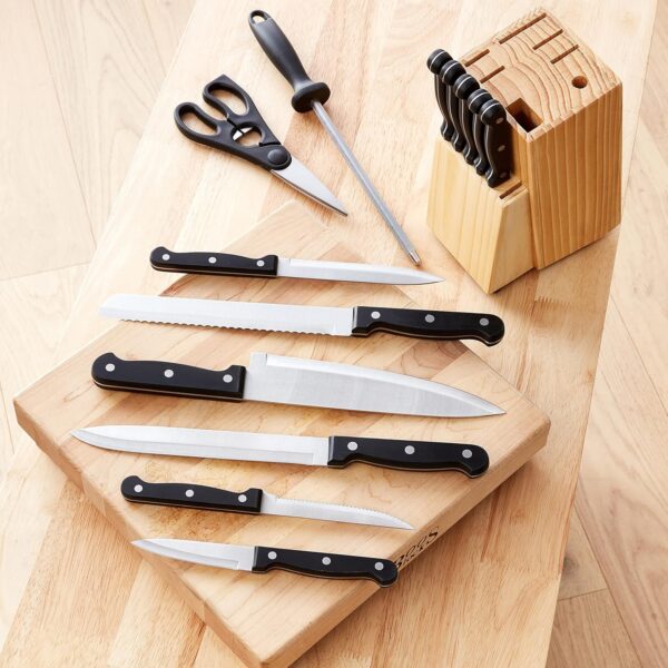 14-Piece High Carbon Stainless Steel Kitchen Knife Set with Sharpener and Pinewood Block, Black - Image 4